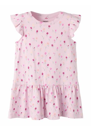 Robe sans manches rose clair pour tout-petit avec épaules à volants et petit motif multicolore de fleurs de tulipes partout.