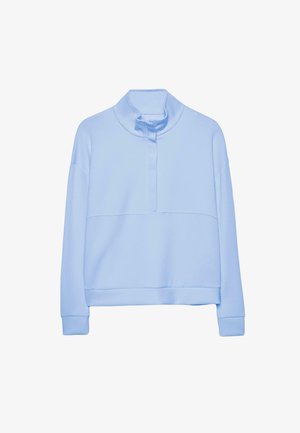 Polo à manches longues bleu clair avec col montant et fermeture zippée à mi-hauteur, présentant une coupe décontractée et des manches avec poignets.