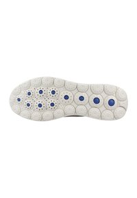 Suela de zapato con una base de goma blanca que presenta patrones circulares texturizados y acentos en azul. Diseñada para ofrecer tracción y flexibilidad.