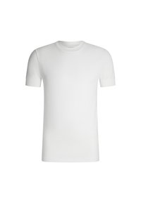 Schlichtes weißes T-Shirt mit kurzen Ärmeln und Rundhalsausschnitt, enganliegende Ärmel und glattes Material, vor einem weißen Hintergrund präsentiert.