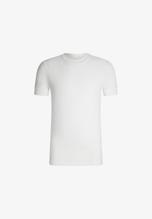 T-shirt blanc uni à manches courtes et col rond, avec des manches ajustées et un tissu lisse, présenté sur fond blanc.