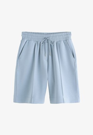 Light blue elastic waist shorts with drawstring, side pockets, and stitched vertical seams on a white background.