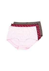 Trois paires de culottes pour femmes en rose clair, bordeaux avec imprimé floral, et gris foncé. Les caractéristiques incluent un tissu doux et de petits nœuds sur les ceintures.