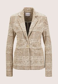 Bruine en witte houndstooth-gepatroneerde blazer met een notch-kragen, één knoopsluiting en twee voorkeurszakken. Gestructureerde geweven stof.