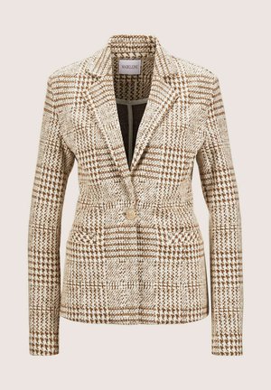 Brauner und weißer Hahnentritt-Muster-Blazer mit Reverskragen, einreihiger Knopfreihe und zwei Vorderaschen. Strukturierter gewebter Stoff.