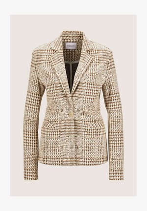Bruine en witte houndstooth-gepatroneerde blazer met een notch-kragen, één knoopsluiting en twee voorkeurszakken. Gestructureerde geweven stof.