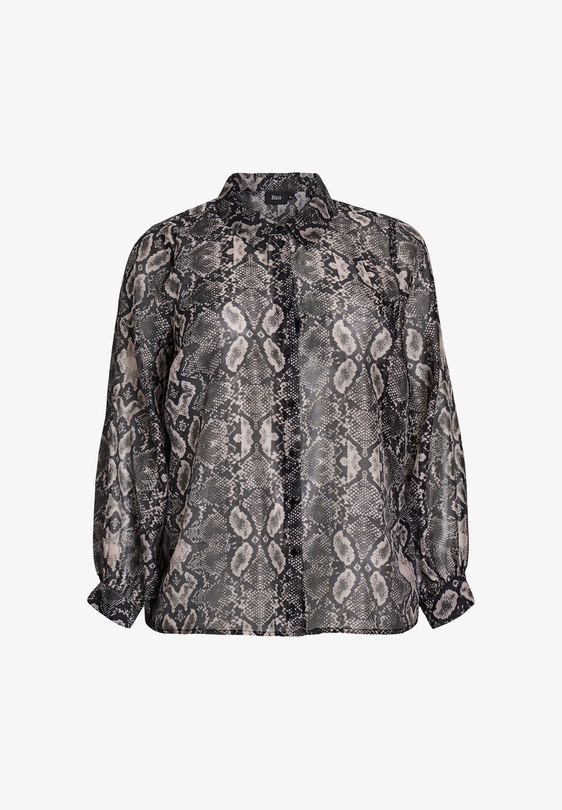 Bluzka w czarno-szary wzór węża z kołnierzykiem, guzikami z przodu i długimi, marszczonymi rękawami. Przezroczysty materiał o gładkiej fakturze.