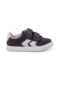 Purple suede shoe with two Velcro straps, white accents, and a textured rubber sole. Features chevron design on the side.