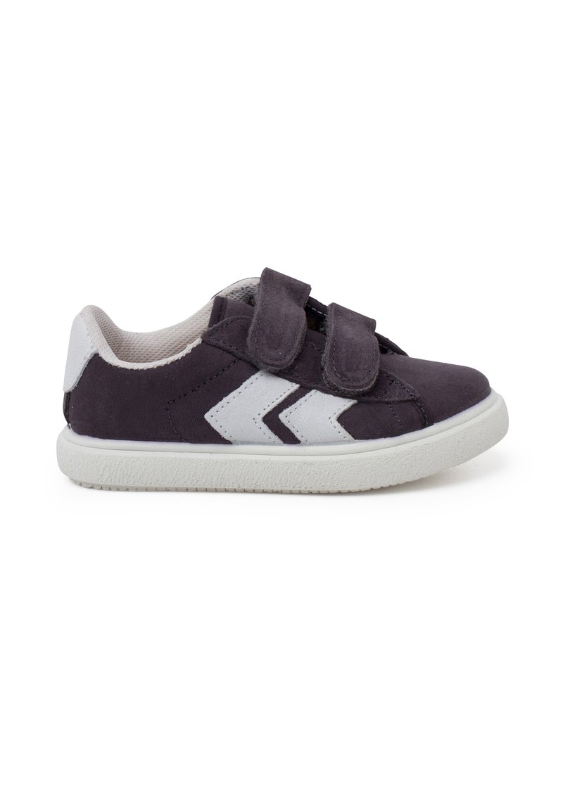 Purple suede shoe with two Velcro straps, white accents, and a textured rubber sole. Features chevron design on the side.