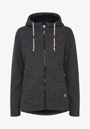 Hættejakke med lynlås i mørkegrå, lavet af struktureret stof. Har hvide snore med trædetaljer og et diskret logo.