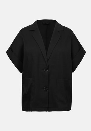 Blazer negro de manga corta con dos botones delanteros, solapas anchas, mangas con puños y dos bolsillos frontales.