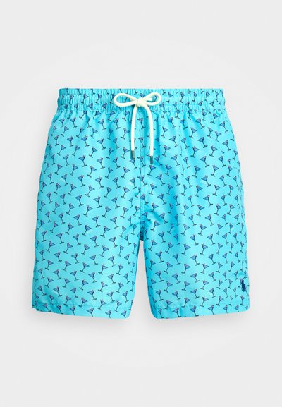 Jasnoniebieskie kąpielówki z elastycznym pasem, sznurkiem i wzorem szklanek martini. Gładka faktura i luźny krój.