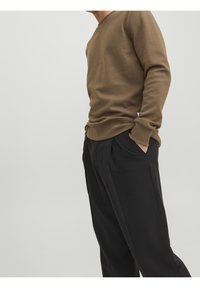 Felpa marrone con scollatura a V, polsini e orlo a costine; abbinata a pantaloni plissettati neri, che mostrano una vestibilità rilassata e una texture liscia.