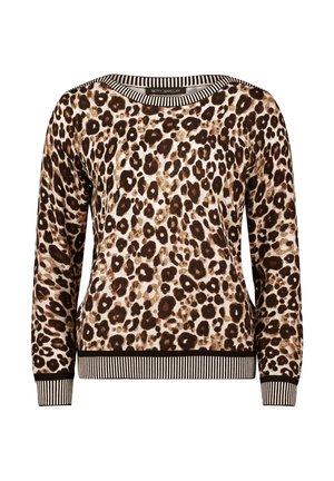 Pulóver s leopardím vzorom v béžovej a hnedej farbe, s lodičkovým výstrihom, dlhými rukávmi a pruhovanými rebrovanými manžetami a spodným lemom. Mäkka, štruktúrovaná tkanina.