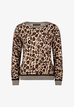 Leopardenmuster-Pullover in Beige und Braun, mit einem weiten Rundhalsausschnitt, langen Ärmeln sowie gestreiften, gerippten Bündchen und Saum. Weicher, strukturierten Stoff.