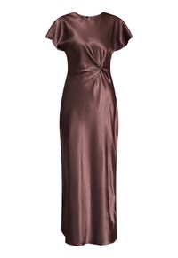 Glänsande satinfärgad, mörk mauve golvlång klänning med korta ärmar, en samlad vridningsdetalj vid midjan och en rund halsringning.