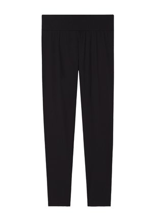 Svarta leggings i elastiskt tyg, med en bred midja och en mjuk yta. Sittande, hel längd design. Inga synliga mönster eller detaljer.