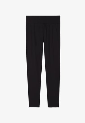 Leggings noirs en tissu extensible, dotés d'une taille large et d'une texture lisse. Design ajusté, longueur complète. Aucuns motifs ou accents visibles.