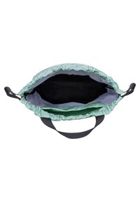 Menta zöld vászontáska ráncolt tetejével, szürke bélésével, két rekeszével és fekete belsejével. Erős szürke fogantyúkkal rendelkezik.