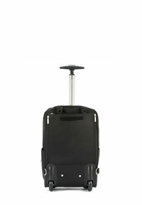 Czarna torba na kółkach wykonana z trwałego materiału, z teleskopową rączką, czterema kołami i zamykanymi na zamek przegrodami dla łatwego dostępu i wygody.