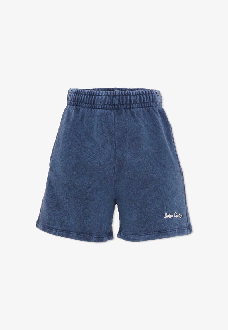 Shorts en éponge bleu marine avec taille élastique et "Bobo Choses" brodé sur la jambe inférieure gauche.