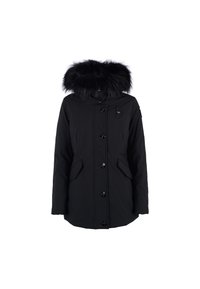 Zwarte parka-jack met een gevoerde capuchon van nepbont, knoopsluiting, twee zijzakken en een gladde, matte afwerking. Heeft een logo-opdruk op de mouw.