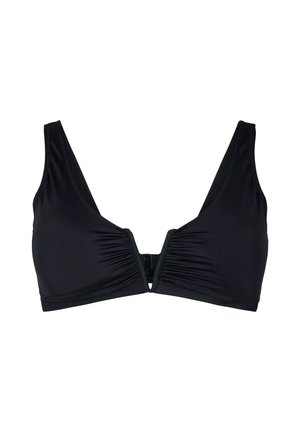 Zwarte bikini-top met brede schouderbanden en een V-vormige uitsparing aan de voorkant, gemaakt van gladde stof.