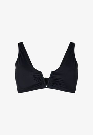 Top bikini nero con spalline larghe e dettaglio a V sulla parte anteriore, realizzato in tessuto liscio.