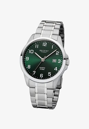 Montre homme en métal argenté avec cadran vert, chiffres blancs, guichet de date à 3 heures et trois aiguilles indiquant 10 h 10 min 36 s.