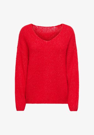 Pull rouge tricoté à manches longues avec un large col en V et un motif de tricot ample et texturé.