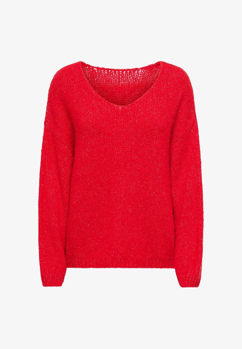 Pull rouge tricoté à manches longues avec un large col en V et un motif de tricot ample et texturé.