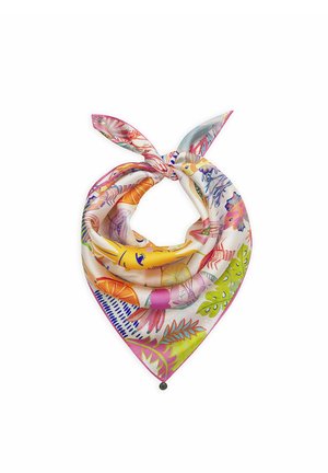 Foulard en soie avec des motifs de fruits tropicaux et d'agrumes en rose, jaune, vert et bleu, noué en un nœud lâche avec deux extrémités pointant vers le haut.