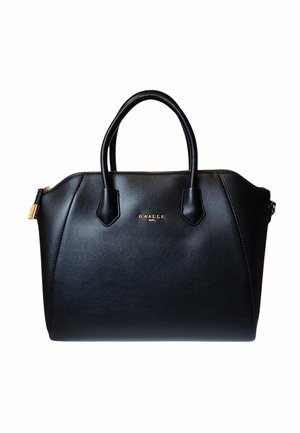 Borse in pelle nera con due manici superiori, dettaglio del logo dorato sul davanti e una forma strutturata. Chiusura a zip nella parte superiore.