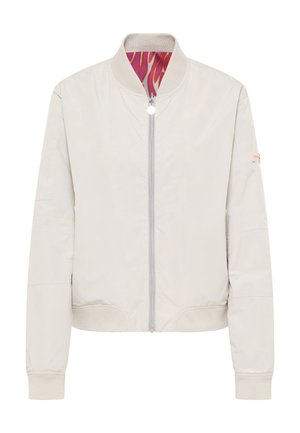 Light beige bomber jacket with front zipper, ribbed collar and cuffs, and a red and orange patterned inner lining.