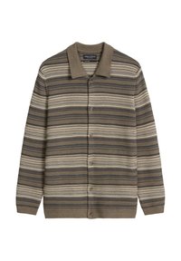 Gebreid vest in aardetinten met horizontale strepen. Voorzien van een kraag, knoopsluiting en zachte, gestructureerde stof.