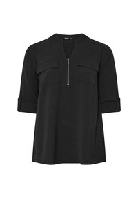 Top nero a maniche lunghe con scollo a V, chiusura con zip frontale e due tasche sul petto. Maniche con risvolto e finitura in tessuto testurizzato.