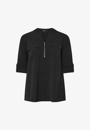 Czarny, długi rękaw, bluzka z dekoltem w kształcie litery V, z zamkiem z przodu i dwoma kieszeniami na piersi. Rękawy na rzepy i teksturowana tkanina.