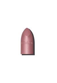 Pomadka Revlon w matowym odcieniu mauve, o kształcie sztyftu, gładkiej powierzchni, z logo wyciśniętym na boku i zaokrąglonym czubku.