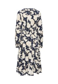 Cvetlična obleka v mornarski modri in kremni barvi, ki ima dolge rokave, zbrano pasico in večplastno krilo. Narejena iz lahkega materiala.