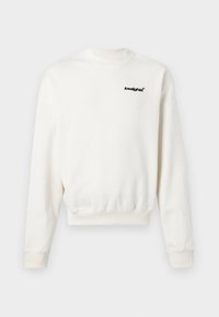 Crewneck sweatshirt in off-white cotton, featuring a ribbed collar and cuffs, with a small black logo on the front chest area.