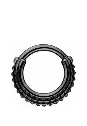 Black circular ring with a textured, zigzag pattern around its outer edge on a white background.