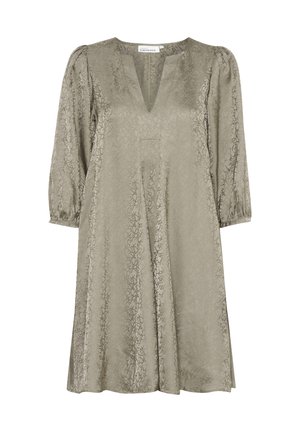 Olivenfarvet kjole i let, struktureret stof. Har V-hals, trekvart pufærmer og en løs A-line silhuet.