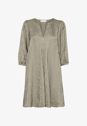 Olivenfarvet kjole i let, struktureret stof. Har V-hals, trekvart pufærmer og en løs A-line silhuet.