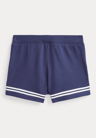 Marineblaue Sportshorts mit einer glatten Textur, featuring ein weißes Liniendesign am Saum und einem elastischen Taillenbund für zusätzlichen Komfort.