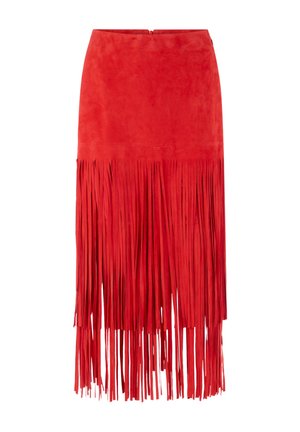 Roter Veloursleder-Midirock mit hoher Taille und langen Fransen, die von der unteren Hälfte bis zum Saum reichen.