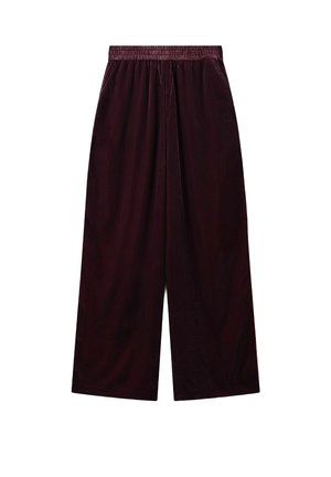 Bordeauxrode wijde broek met elastische tailleband, gemaakt van zachte stof, met een gladde textuur en een losse pasvorm.