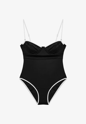 Costume intero nero con bordo bianco, coppe con ferretto e spalline sottili regolabili.