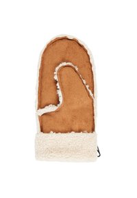 Hnědé semišové rukavice s bílou ovčí vlnou podšívkou a manžetou. Nabízí jemnou strukturu, zaoblený tvar a otvor pro palec pro větší obratnost.