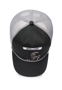 Black cap with a mesh silver back, featuring an embroidered horse design and "STALLION" label above it. Curved brim design.