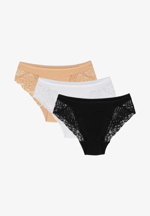 Tre paia di mutande da donna in stile slip: una beige, una bianca e una nera. Ognuna presenta un pizzo decorativo e un tessuto liscio.